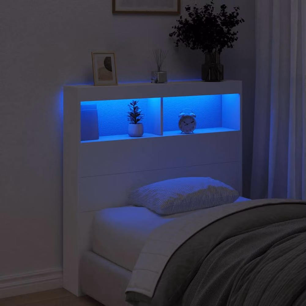 Berkfield Home Modern White Headboard Cabinet with Integrated LED Lighting and USB Charging Port, W/D/H: 100 x 17 x 102 cm – 3