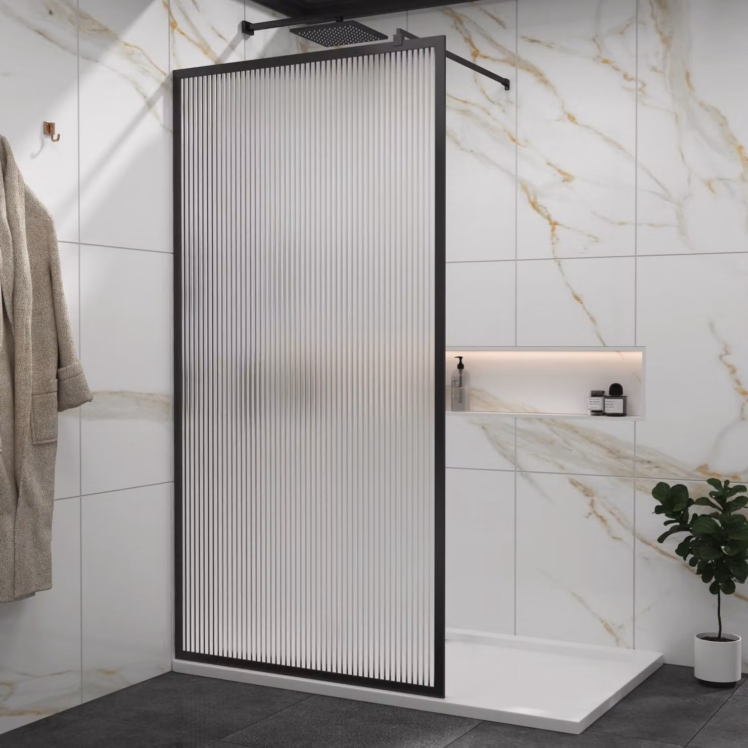 Luxor Walk-In Wet Room Fluted Shower Screen with Matt Black Frame and 8mm Easy Clean Glass, W: 80 cm, H: 195 cm