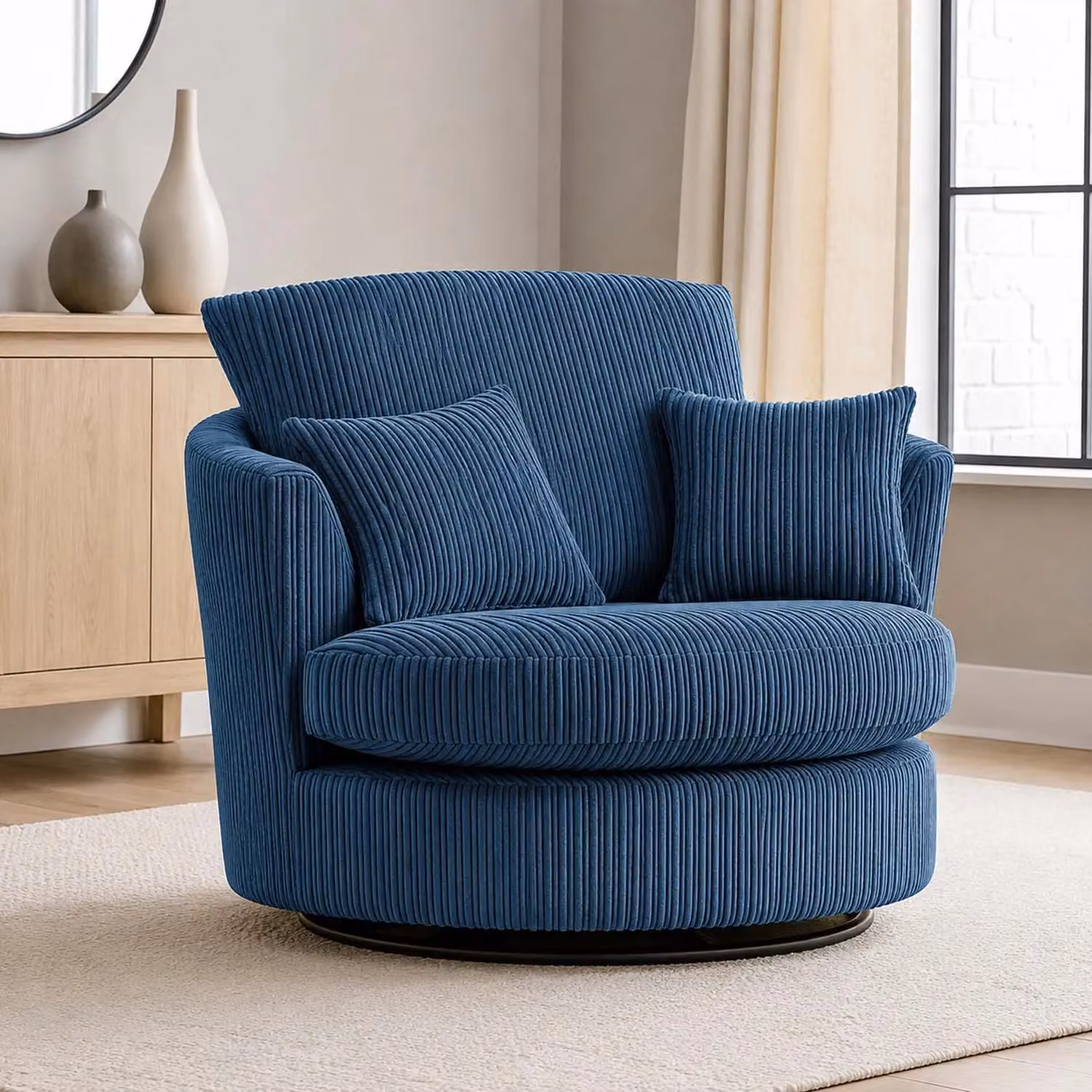Furnishings For Less UK Luxor Blue Jumbo Cord Fabric 360 Degree Swivel Single Seater Chair, W/D/H: 80 x 80 x 110 cm – 5