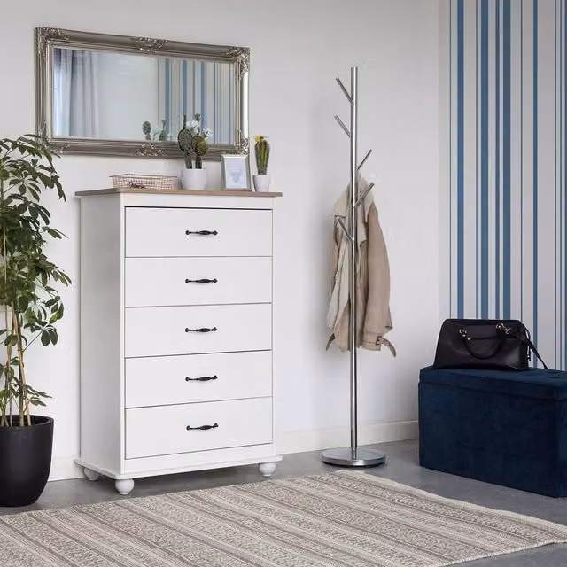 Wyld and Coco Nordic Living 5 Drawer Chest of Drawers in White with Light Wood Accents