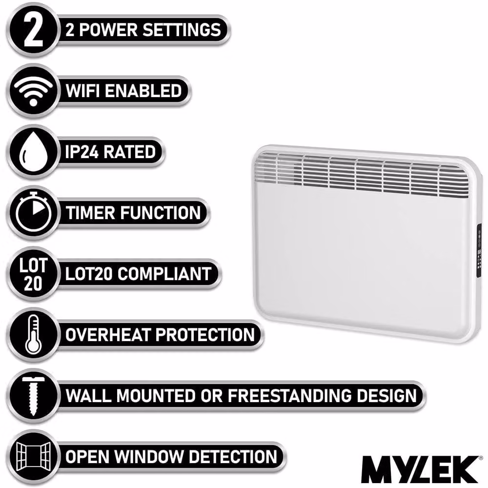 MYLEK 100W WiFi Electric Convector Panel Heater with App Control, White, Wall Mounted or Freestanding – 2