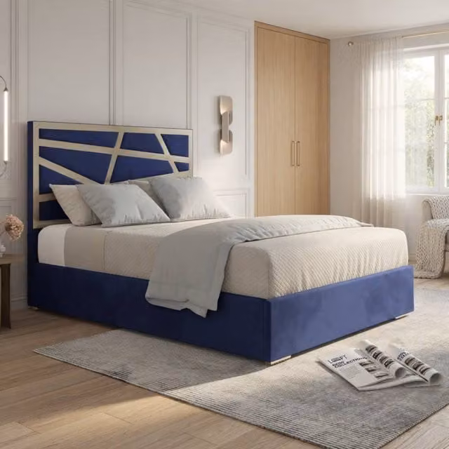 KDMD Fremington Modern Upholstered Velvet Designer Bed Frame in Blue with Metal Details, W/D/H: 90 x 200 x 127 cm (Height: 189 cm)