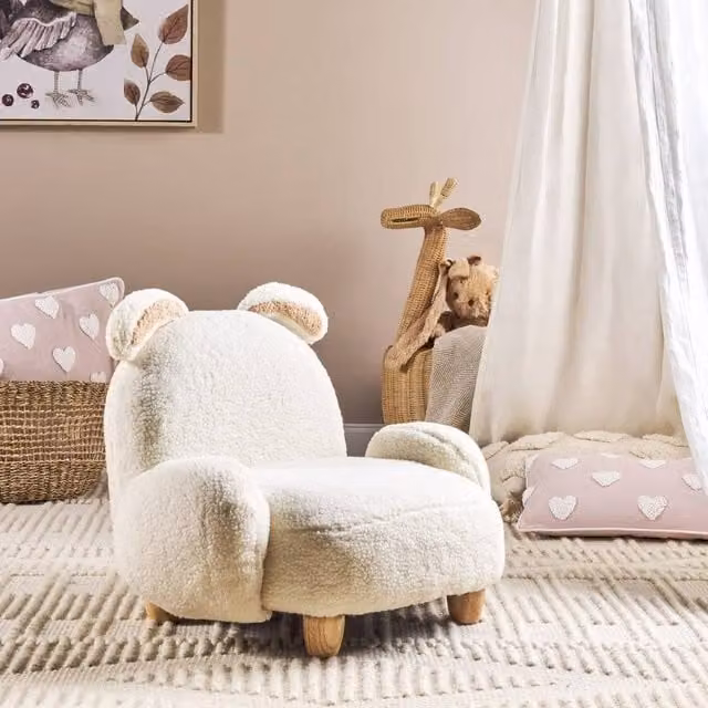 Wyld and Coco Rabbit-Shaped Kids Armchair in White Boucle with Rubberwood Frame, W/D/H: 65 x 51 x 45 cm – 1