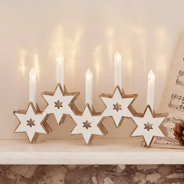 Lights4fun White Wooden Star LED Candle Bridge Christmas Decoration, H: 18 cm