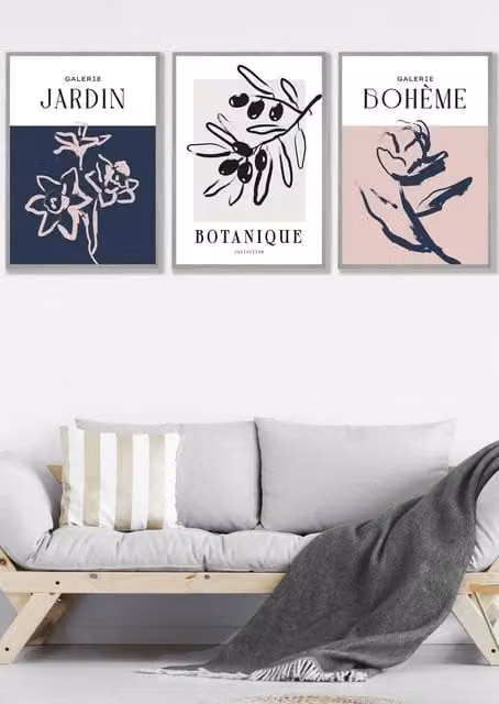 ARTZE Set of 3 Boho Botanical Floral Wall Art Illustrations in Pink, Navy Blue and Grey with Light Grey Frames, W: 33 cm, H: 45 cm, D: 2 cm