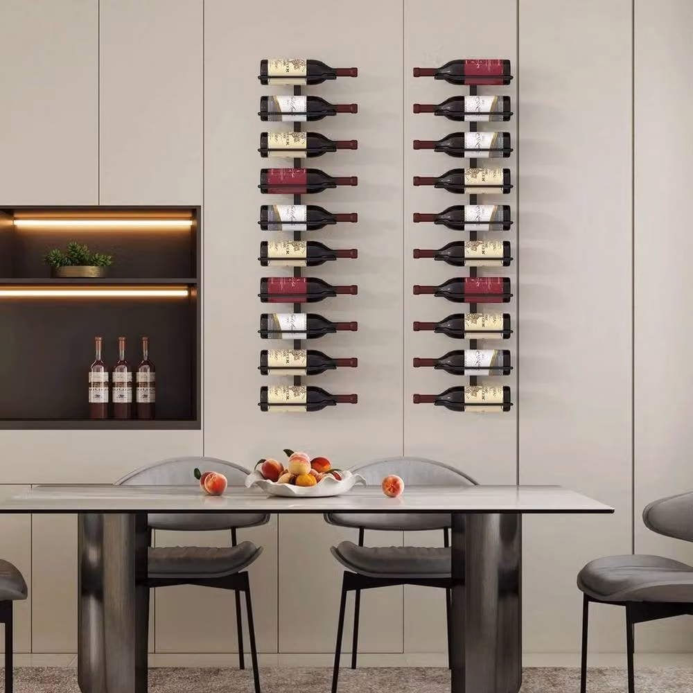 NESTLUNE Matt Black Metal Wall Mounted Modern Wine Storage Rack for Kitchen and Dining Rooms – 3