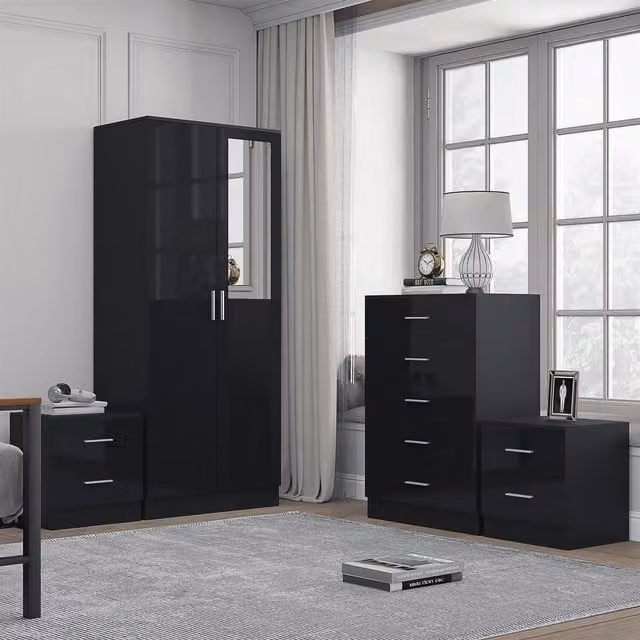 REFLECT Bedroom Furniture Bundle featuring 2-Door Mirror Wardrobe, Chest of Drawers and 2 Bedside Tables in Black Gloss and Matt Black
