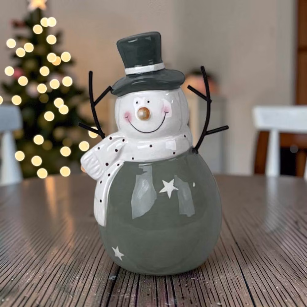 Four Candle Green and White Ceramic Snowman Tabletop Christmas Decoration, Height: 17 cm – 2