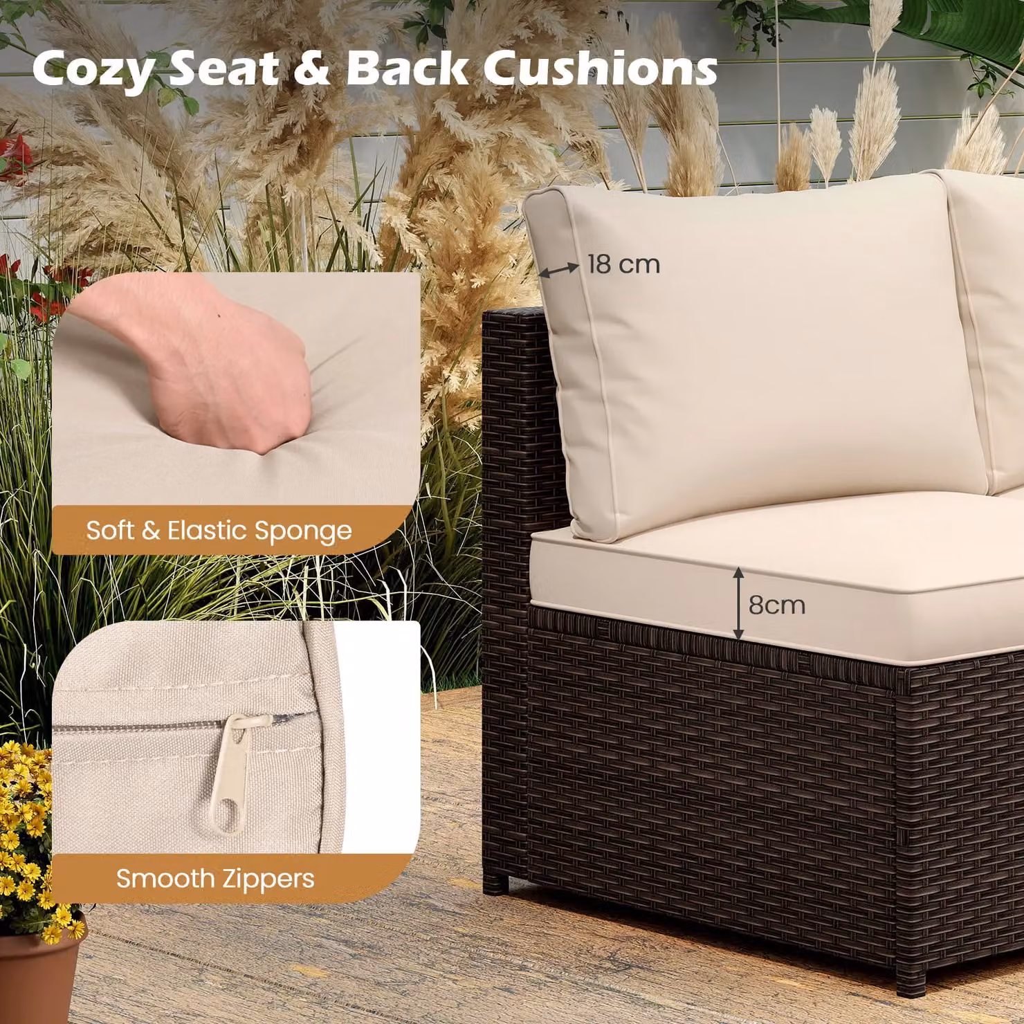 Gymax 8-Piece Brown and Beige Polyrattan L-Shape Sectional Sofa Set with Outdoor Coffee Table and Upholstered Cushions – 6