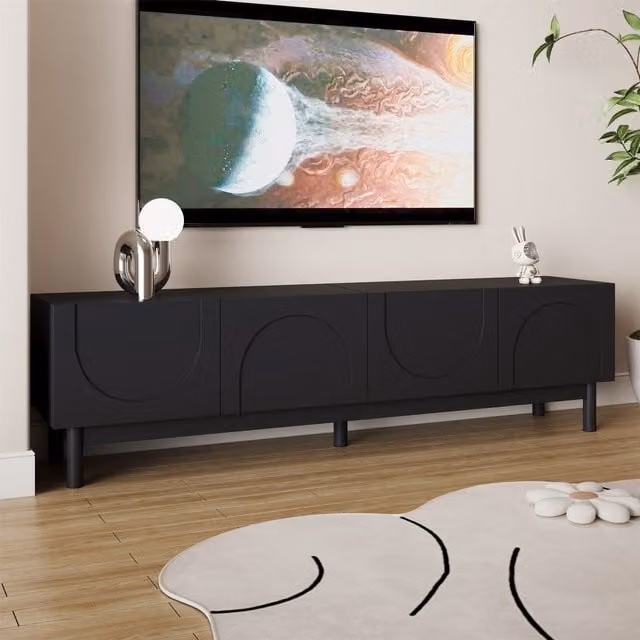 Aosom UK Modern Black TV Cabinet with Curved Doors and Shelves, W: 169 cm, D: 34 cm, H: 45.5 cm