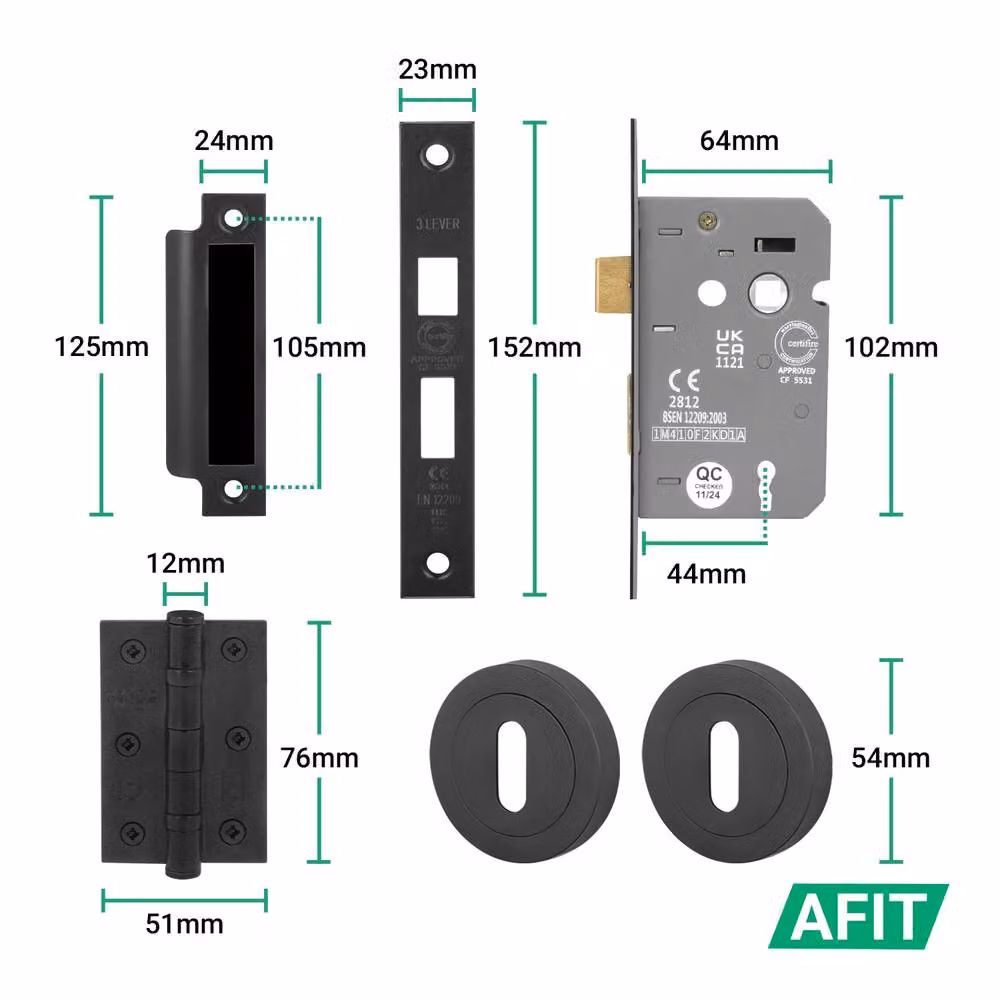 AFIT Black Lock Door Handle Rose Set, 1 Pair, Matt Black, W/D/H: 15 x 15 cm – 3