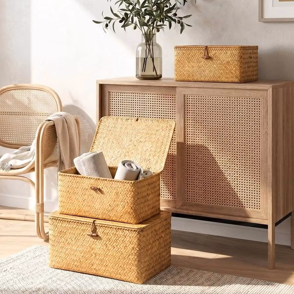 Kelvenix Set of 3 Brown Woven Seagrass Storage Baskets with Lids – 2