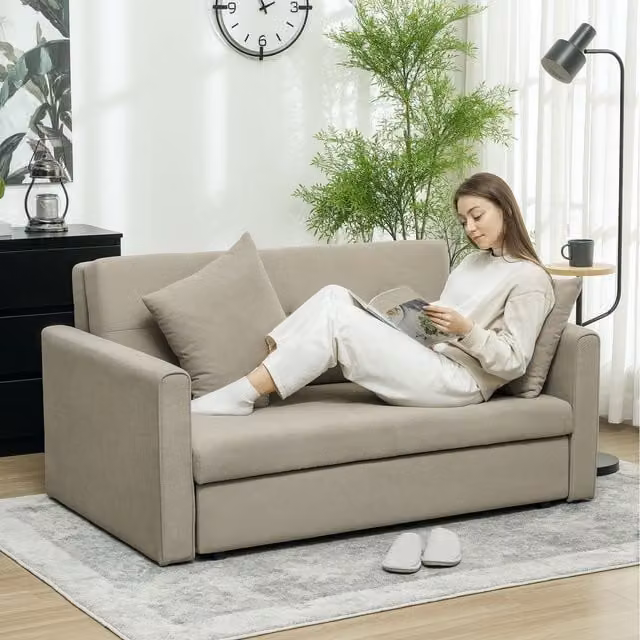 HOMCOM Convertible 2 Seater Sofa Bed with Hidden Storage in Light Brown Fabric