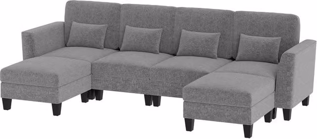 Costway Grey U-Shape Sectional Sofa Set with 2 Ottomans, Reversible Fabric 4-Seater with USB Charging and Removable Covers
