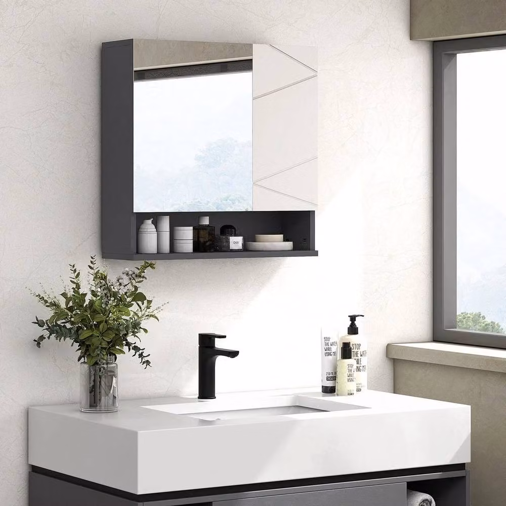 PAWNORA Wall Mounted Modern Bathroom Storage Cupboard with Mirror and Internal Shelves in Matt Dark Grey – 5