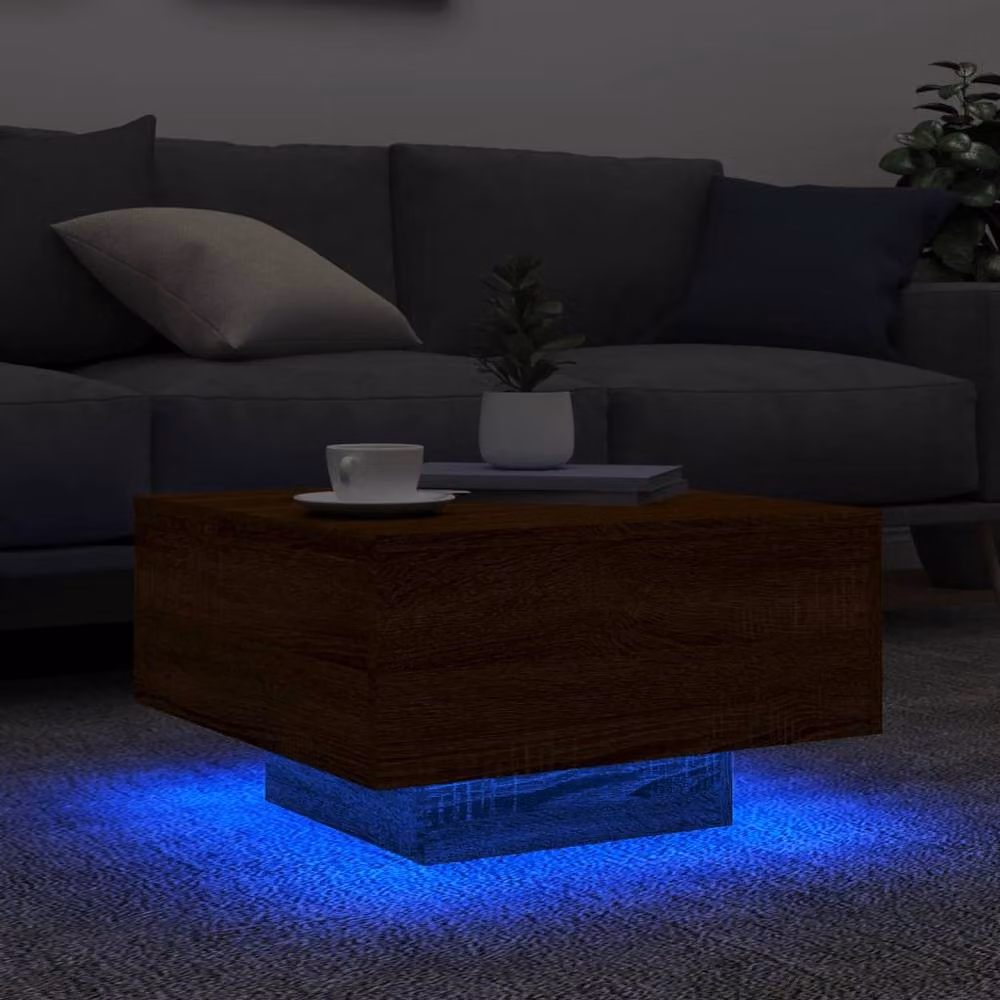 Berkfield Home Modern Square Coffee Table with LED Lights in Brown Oak, W/D/H: 55 x 55 x 31 cm – 4