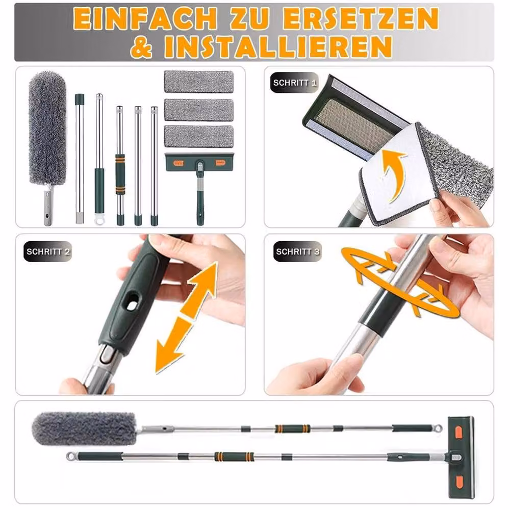 FLAVORA Silver Telescopic Window Squeegee with Scraper and Microfibre Cloth – 7