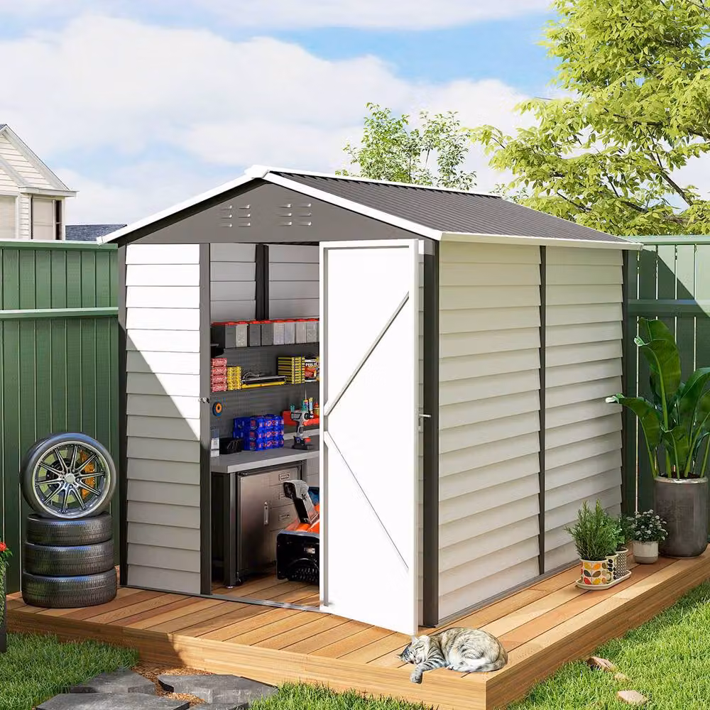 Rolipo Metal Garden Shed with Sloped Roof, Window and Lockable Door, Dark Grey, W: 274.3 cm, D: 182.9 cm, H: 208.0 cm – 4