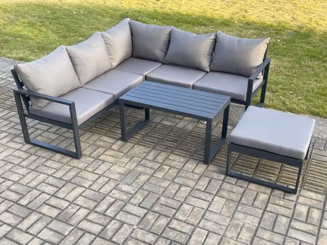 Fimous Modern L-Shape Aluminium Outdoor Garden Furniture Set in Dark Grey with Coffee Table and Ottoman