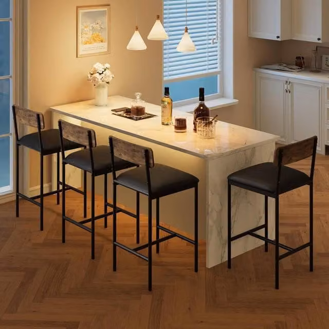 London Boutique Set of 4 Upholstered Counter Height Bar Stools in Brown Synthetic Leather – 1