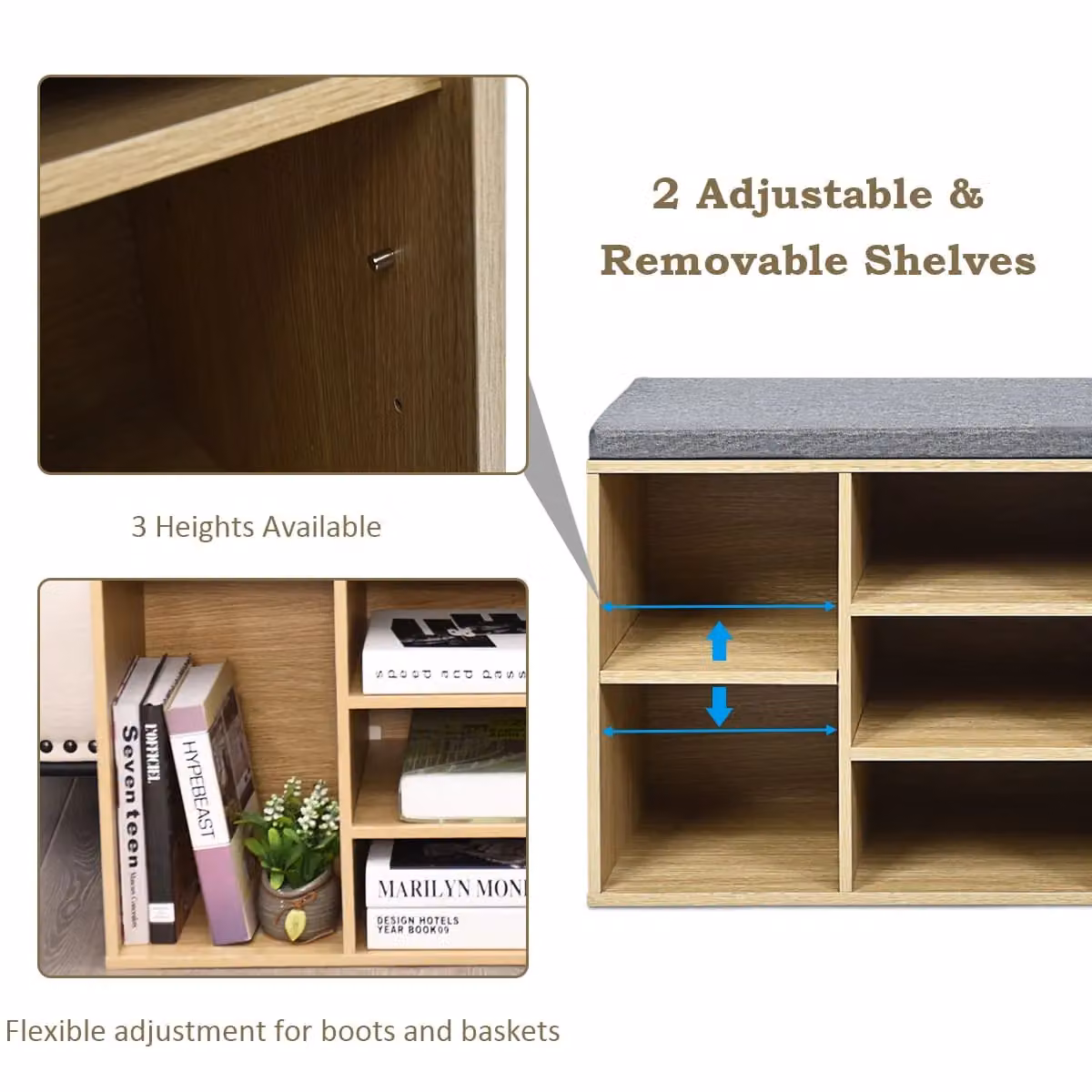Gymax 10-Cube Shoe Storage Cabinet and Bench with Cushioned Seat in Natural Brown – 4