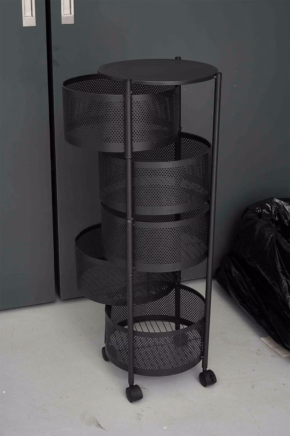 Living and Home XL Kitchen Storage Organiser with Rotating Metal Baskets and Castors in Matt Jet Black – 3