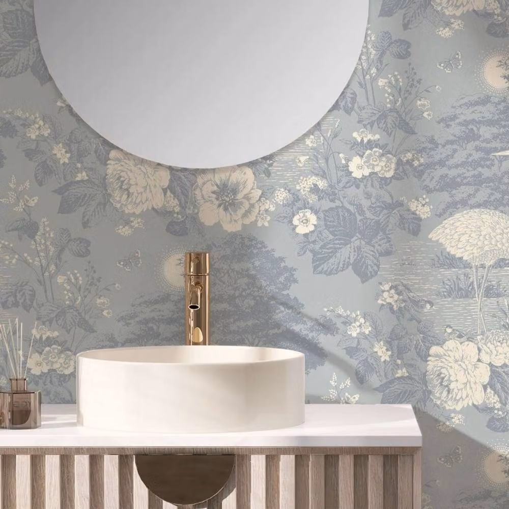 Belgravia Izumi Crane Blue Floral Paper Wallpaper