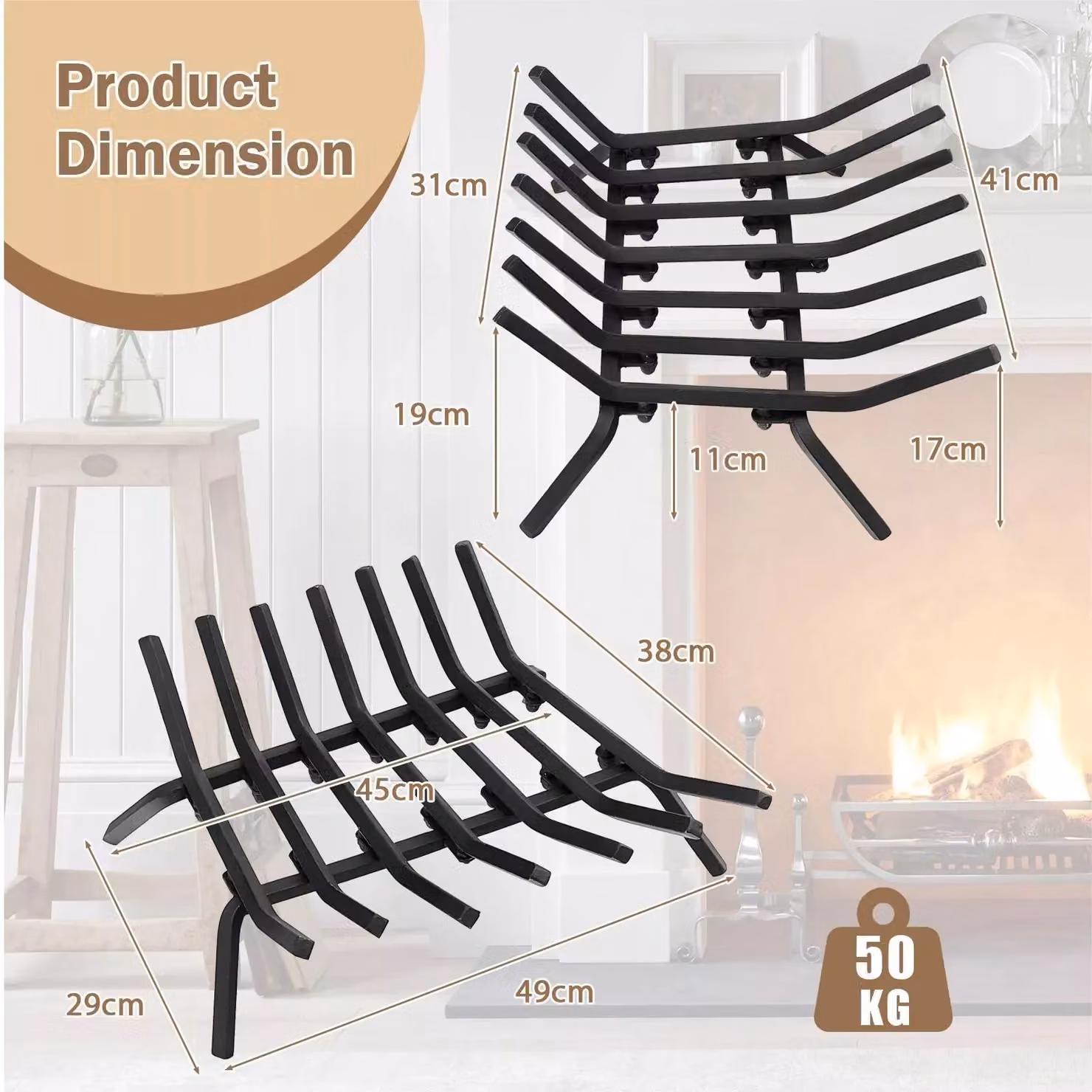 Costway V Shape Heavy-Duty Iron Log Grate with 7 Steel Bars, Black – 2