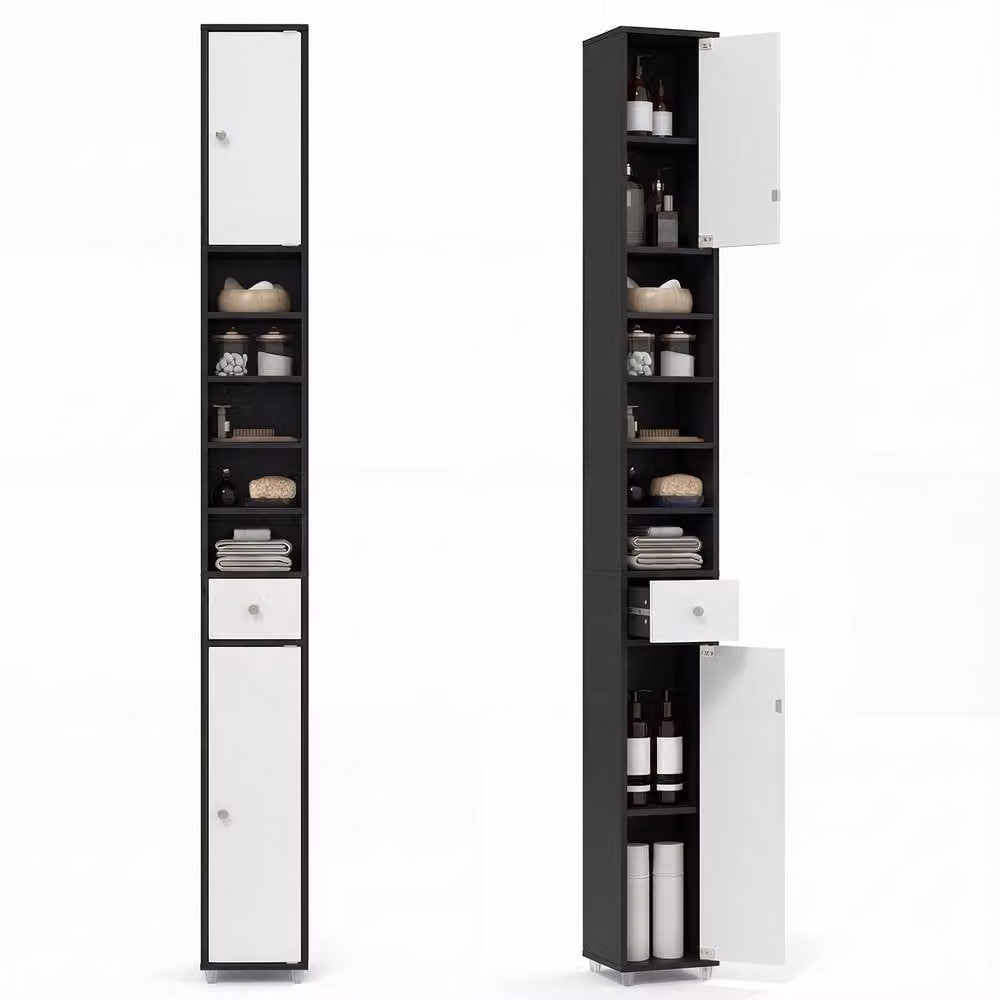 Costway Slim Freestanding Bathroom Storage Cabinet with Drawer and Hinged Doors, Multicolour, Height: 180 cm – 2