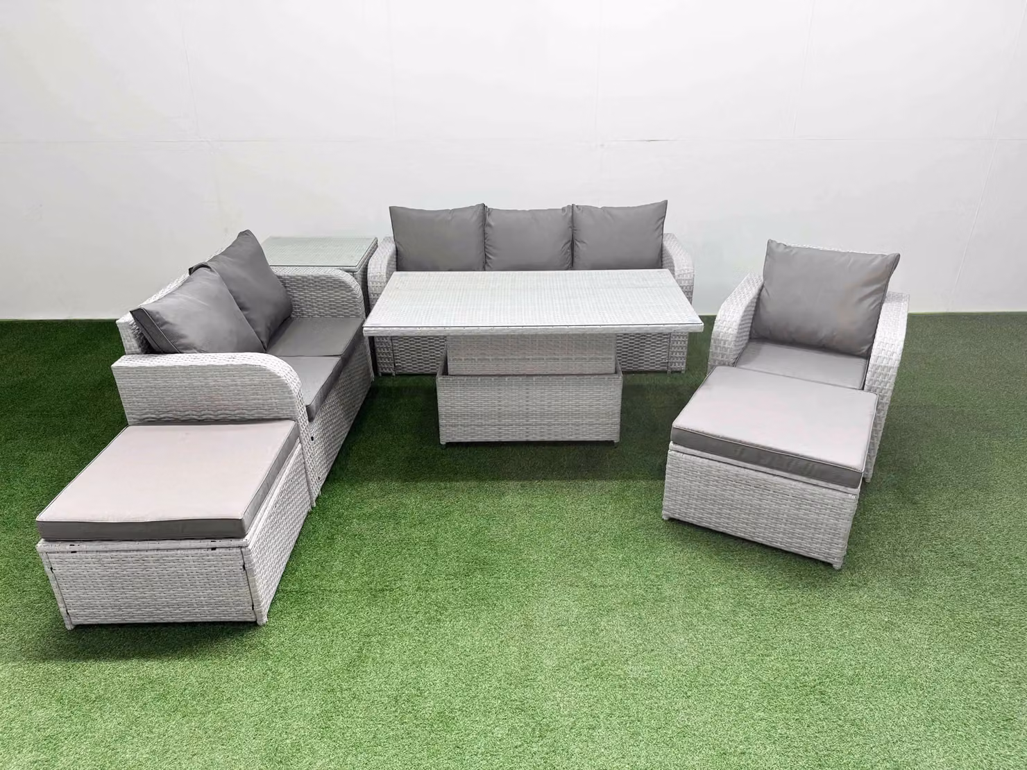 Fimous Patio 8 Seater Grey Rattan Outdoor Furniture Set with Adjustable Lifting Table, Reclining Chairs and Loveseat Sofa – 2