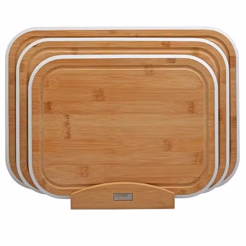 Cooks Professional 3 Piece Bamboo Chopping Board Set with Storage Stand in White and Brown – 1