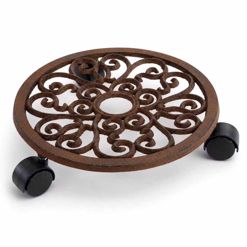 SPETLEK Cast Iron Garden Plant Flower Pot Mobile Mover Trolley Stand, Brown – 5