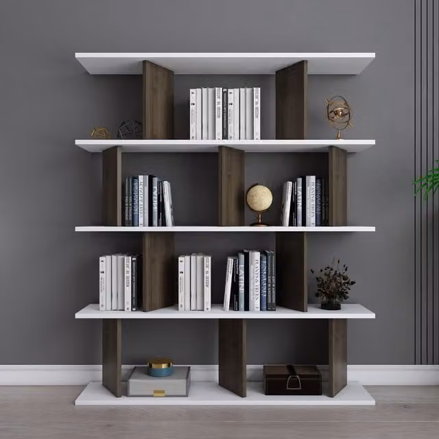 Decorotika Grace 4-Tier Geometric Freestanding Bookshelf in White and Brown