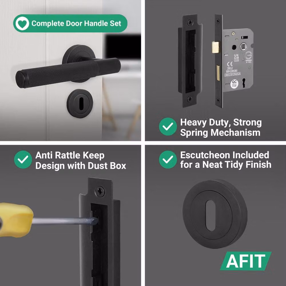 AFIT Matt Black Round Rose Door Handle with Key Lock, W/D/H: 15.0 x 15.0 x 5.8 cm – 7