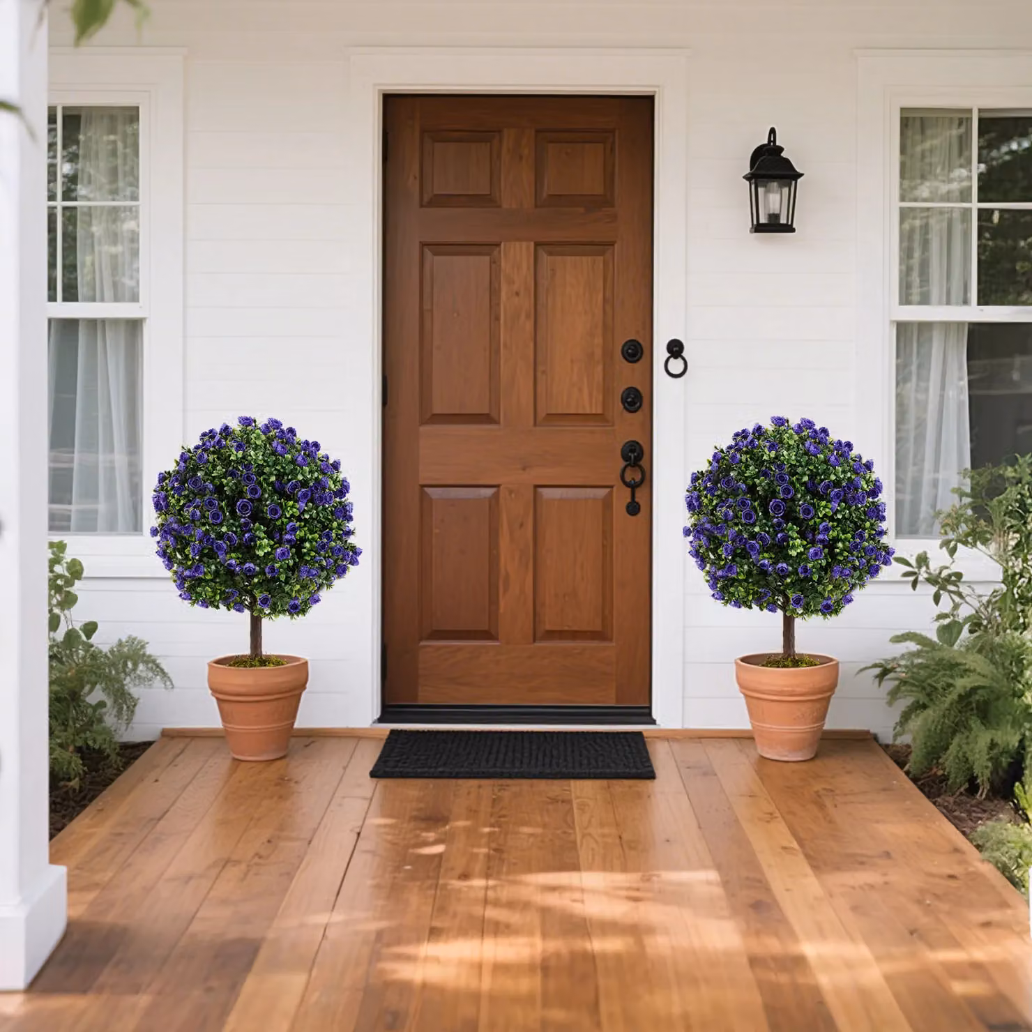 Gymax Set of 2 Artificial Purple Rose Topiary Ball Trees with Concrete-Filled Pots – 3