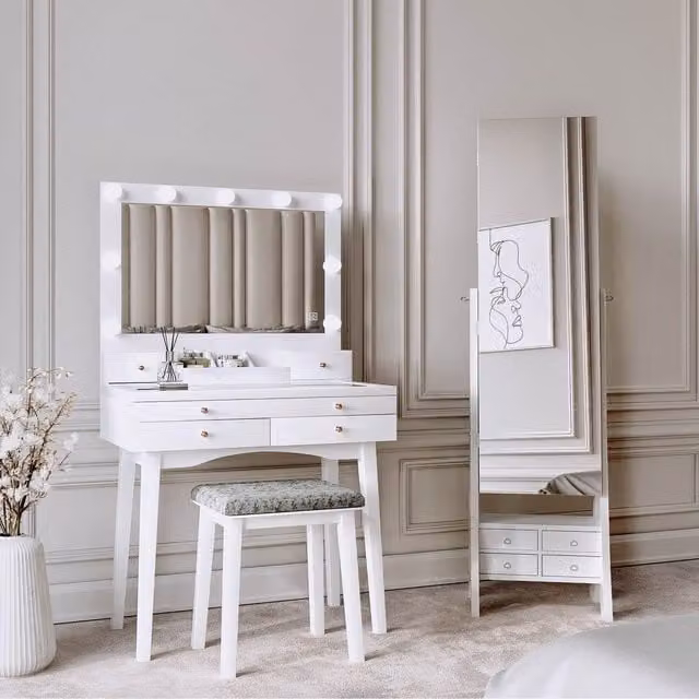 Carme Hollywood LED Dressing Table with Glass Top in White and Black
