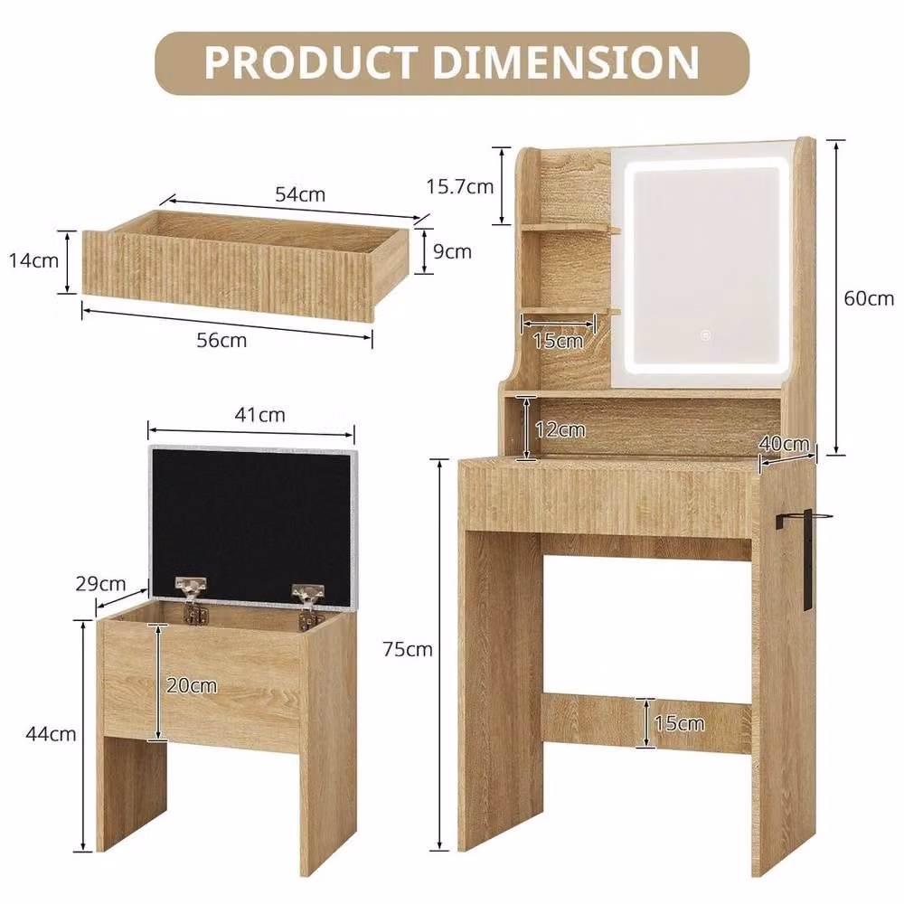 FLAVORA Modern Wood Dressing Table Set with Hollywood LED Mirror in Brown and Gold – 2