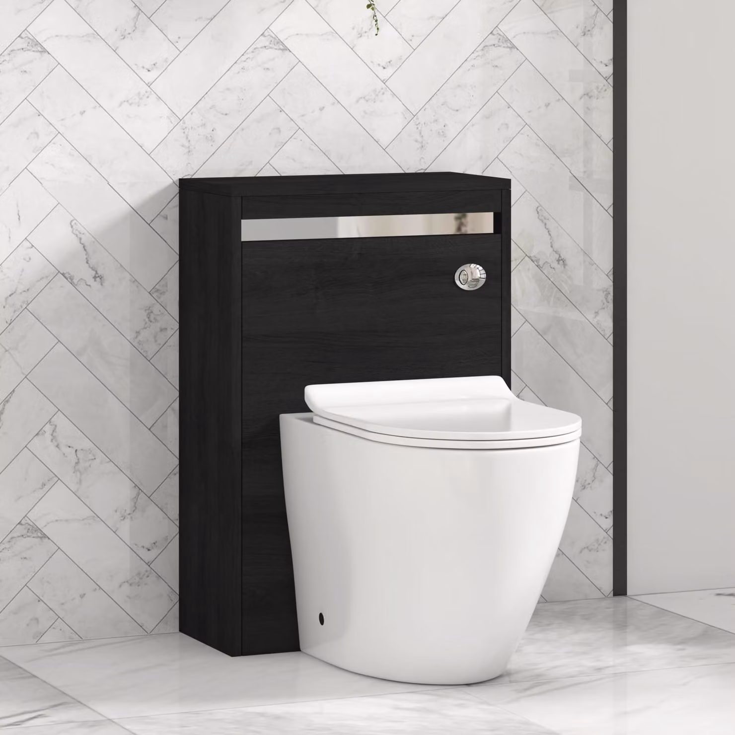 Orion Hale Black BTW WC Unit with Elva Rimless Ceramic Toilet Pan, Slim Soft Close Seat and Cistern with Chrome Accent Trim