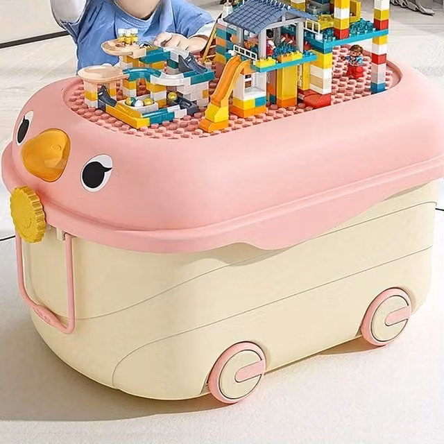 SPETLEK Pink Plastic Stackable Storage Box with Building Blocks Lid, Medium