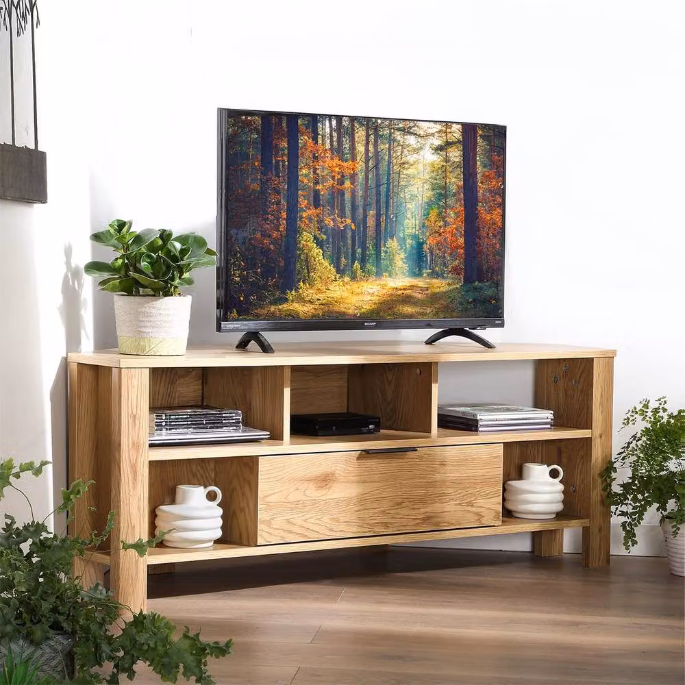 CALICOSY Corner TV Unit with 1 Drawer, Oak Finish, Light Brown, W/D/H: 120 x 40 x 45 cm – 2