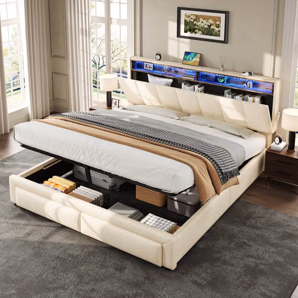 Matteo King Bed Frame with Hydraulic Storage, LED Under-Bed Lighting and USB Charging Ports in Beige Upholstered Linen, W/D/H: 180 x 200 cm – 2