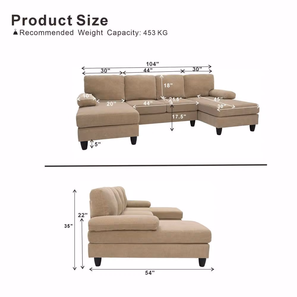 Merax U Shaped Sofa with Double Chaise and Upholstered Armrests in Camel Fabric, W/D/H: 264 x 137 x 83 cm – 2