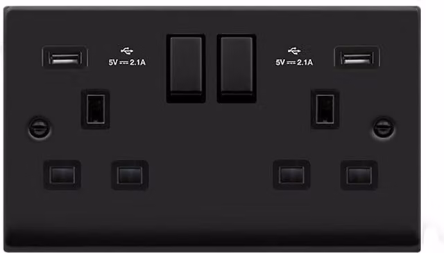 SE HOME Black 2 Gang 13A DP Ingot 2 USB Twin Double Switched Surface Plug Socket