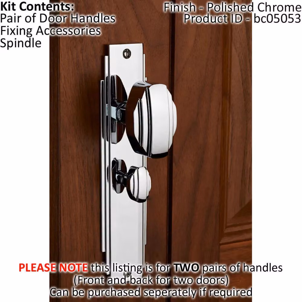 Loops 2x Pair Line Detailed Bathroom Door Knobs on Backplate, Polished Chrome, W: 20.5 cm, H: 4.5 cm – 2