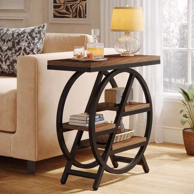 EONLION Industrial Wooden Narrow Sofa Side Table with Storage in Brown, H 66.5 x W 65.0 cm