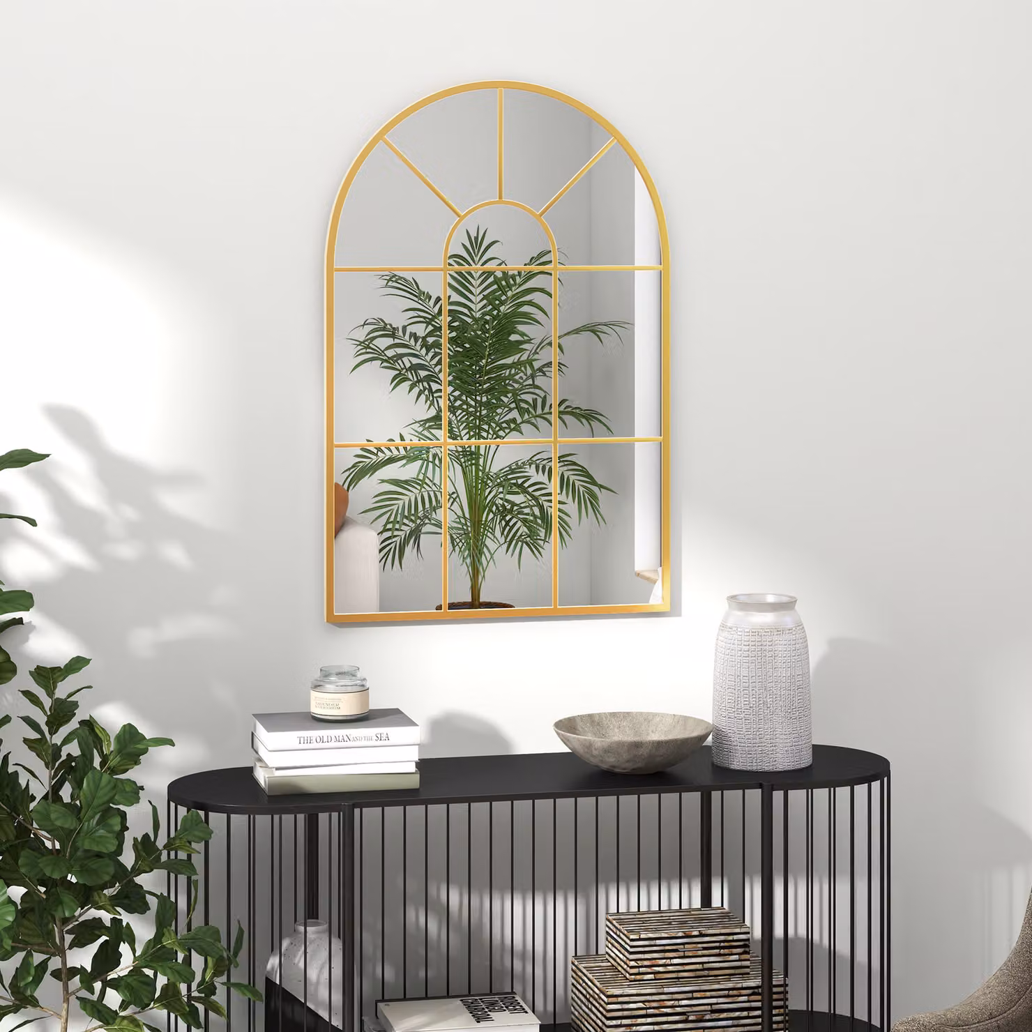 HOMCOM Modern Arched Window Wall Mirror in Gold Tone, W: 60 cm, H: 91 cm – 2