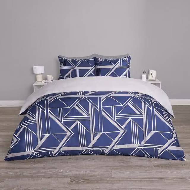 OHS Abstract Geo Reversible Graphic Duvet Cover Set in Blue, Beige and Grey, 140 x 200 cm