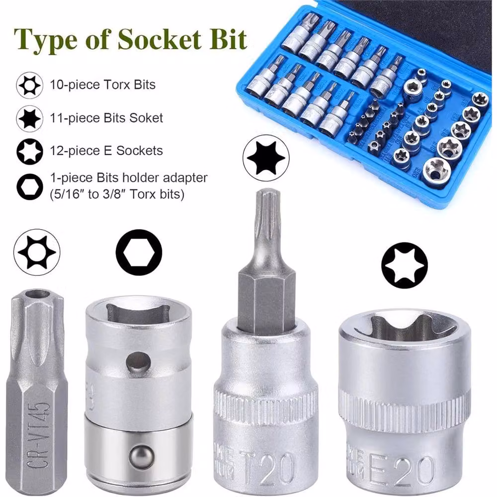 Nordara 34pc Torx Star Socket and Bit Set with 3/8 inch Drive and Carrying Case in Silver and Blue – 4