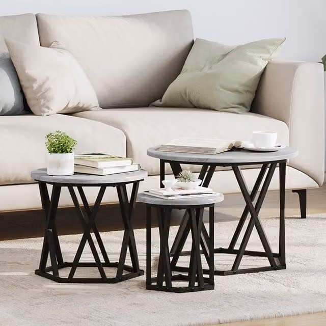 Berkfield Home Nesting Side Tables, Set of 3, Grey Sonoma, Round MDF and Metal