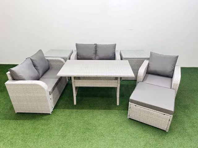 Fimous Grey Poly Rattan Garden Furniture Set with High Back Reclining Chair, Loveseat Sofa, Rectangular Dining Table and Stools